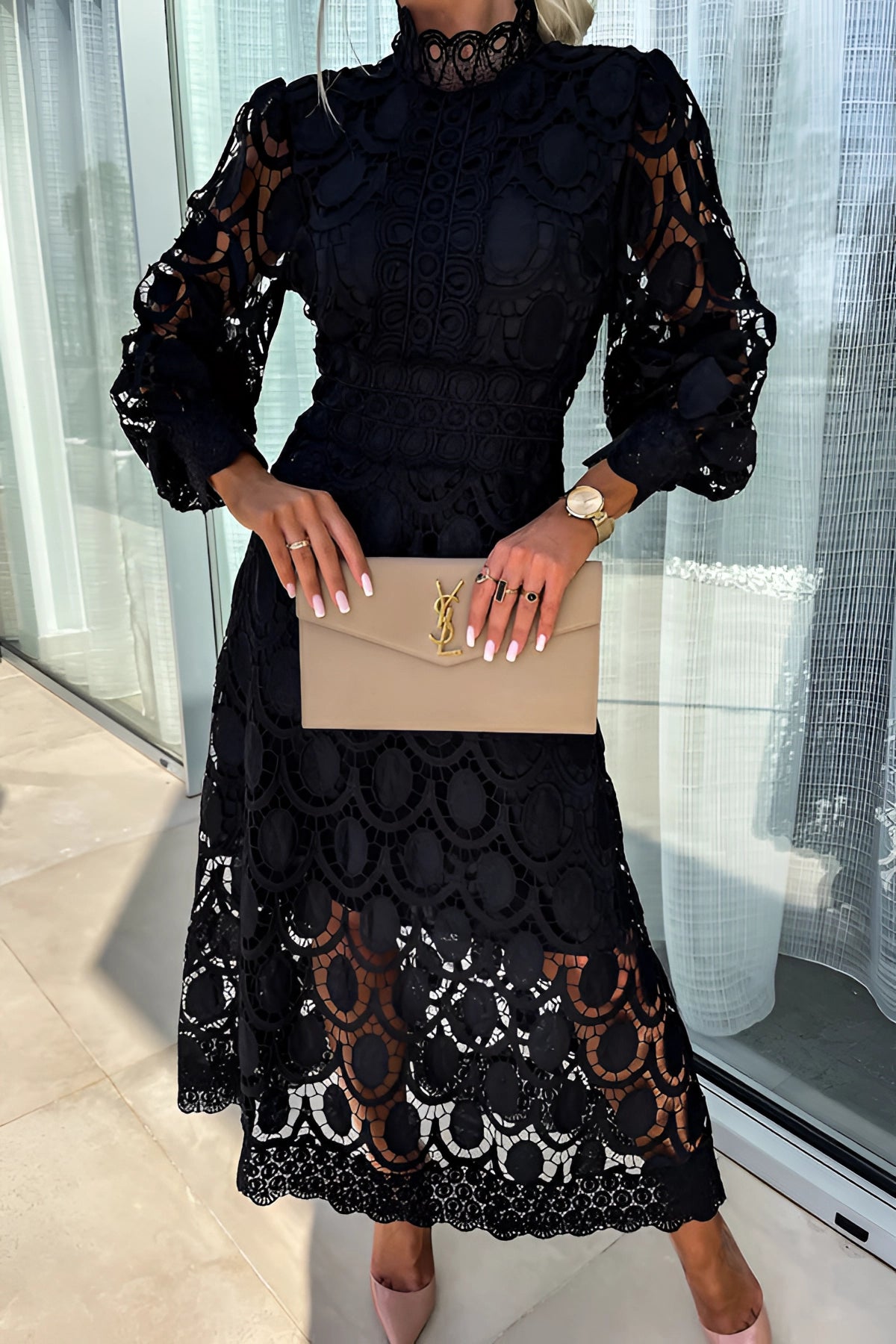 Black Long Sleeve Lace Evening Gown