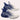 Men's sneakers featuring a futuristic flame design in blue and white, showcasing a trendy athletic style with electric blue accents, suitable for sportswear and casual wear.