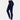 Woman wearing navy blue high waist stretch jeggings paired with a blazer, focusing on the fit around the waist and thighs.