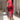 Red multi-color abstract print bodycon midi dress featuring an asymmetric neckline, modeled on a person showcasing the dress's form-fitting design, highlighting the shoulder, waist, and thigh areas.