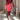 Red multi-color abstract print bodycon midi dress with asymmetric neckline, featuring long sleeves and a fitted waist design.