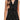 Sleeveless black V-neck blouse with vertical stripes, modeled by a woman with shoulder-length hair.