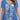 Plus size stylish grey floral pleated scoop neck tunic top with short sleeves, shown in blue, size 7XL.