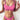 Woman wearing a trendy pink star print bikini with ruffle tie top and high-waist bottoms, showcasing the swimsuit's design and fit.