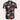 Men's short sleeve Hawaiian shirt in black, featuring a tropical floral pattern with vibrant petals, a classic collar, and button-up design, perfect for summer beach wear.
