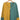 A handmade wool sweater featuring a two-tone design in green and electric blue, displayed on a clothes hanger. The sweater is unisex and eco-friendly, showcasing a high collar, long sleeves, and a cozy knit texture.