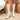 White ribbed high heel sock boots with a stylish block heel, showing a side view of the boots as worn on a leg, highlighting the comfortable fit and winter-friendly design.