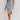 Sleeveless light wash denim bodycon midi dress for women, featuring a sheath silhouette that hugs the waist and falls to knee length.