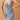 Women's sleeveless light wash denim bodycon midi dress worn by a model, showcasing a form-fitting silhouette with a sheath design, highlighting the waist and legs.