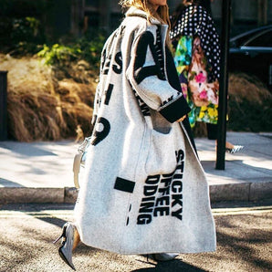 Avencea - Long Wool Coat with Elegant Designer Patterns and Unique Black-White Color Scheme