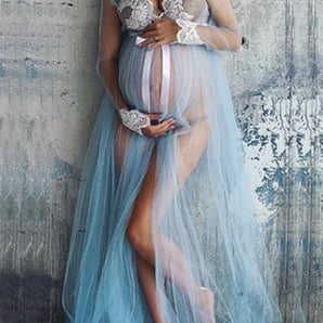 Avencea Maternity Chaps, Maxi Dresses for Photo Shoots, Lace, Tulle, Belt, Bow Tie, Side Slit, Elegant