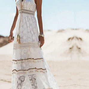 Avencea - Boho Maxi Dress with Delicate Embroidery and Lace Details