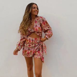 Avencea Long Sleeve V-Neck Tops and Fit Short Set