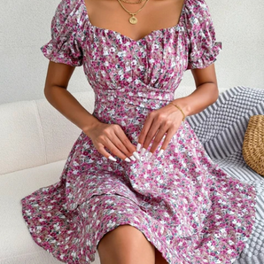 Avencea Print Ruffled Dress with Short Sleeves for a Slim Waist