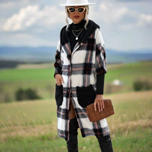 Avencea - Stylish Long Coat with Check Pattern and Hood