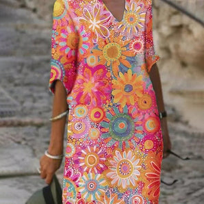 Avencea Printed Dress with Half Sleeves and V-Neck