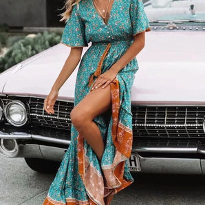Avencea - Bohemian Maxi Dress with Button Placket, Drawstring at the Waist, and Tiered Hem