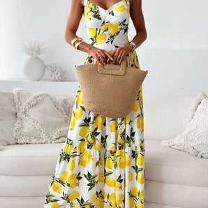 Avencea Maxi Dress with Wide Straps and Lemon Pattern