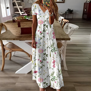 Avencea - Elegant, Stylish Floral Dress with V-Neck and Lace Trim