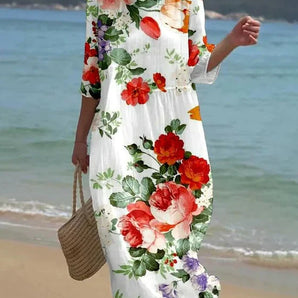 Avencea | Elegant Midi Dress with Floral Print and Round Neckline