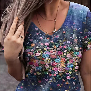 Avencea - T-Shirt with V-Neck and Floral Print - Elegance and Comfort Combined