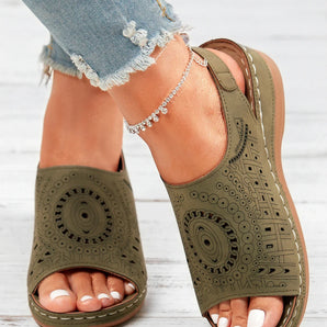 Avencea | Retro Sandal with Ethnic Pattern, Cutout and Hollow Design, Velcro Closure