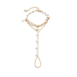Pearl Hand Chain Bracelet - Women's Gold Bridal Jewelry, Adjustable Luxury