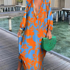 Avencea | V-Neck Linen Dress with Print
