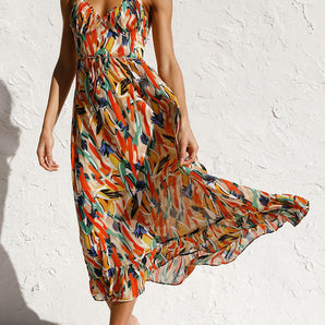 Avencea - Elegant Midi Dress in Orange Red and Turquoise, Sizes S - XL