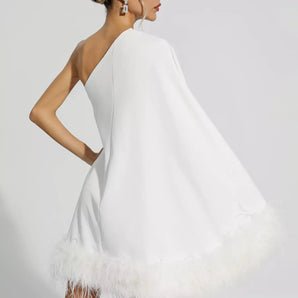 Avencea Asymmetrical One-Sided Mini Dress with Feathers