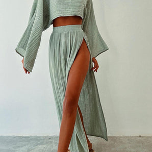 Avencea - Stylish Two-Piece Set Made of Polyester and Linen with a Slit