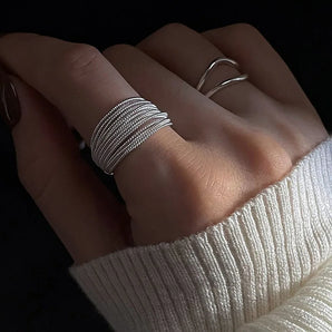 Stylish Silver Multi-Strand Ring - Elegant Wide Band, Textured Layered Jewelry