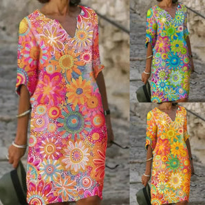 Avencea - V-neck Floral Print Dress