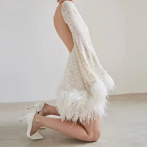 Avencea Dress with Feather Hem and Sequins