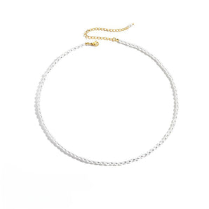14K gold clasp on an adjustable 42+8cm hypoallergenic pearl necklace with a 3mm pearl size, featuring a delicate chain design suitable for fashion events.