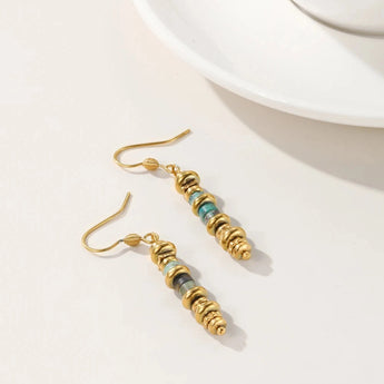 18K gold drop earrings with green stone charms, artisan jewelry by YACHAN, featuring circular design and natural materials.