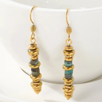 18K gold drop earrings with green stone charms by YACHAN, artisan jewelry, featuring intricate design and natural materials.