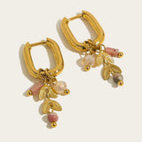 18K Gold Hoop Earrings with Pink Gemstone and Gold Leaf Charm by Ya-Chan