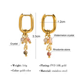 18K Gold Hoop Earrings with Pink Gemstone and Gold Leaf Charm