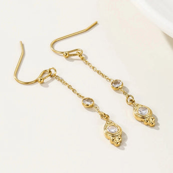 18K gold plated drop earrings with cubic zirconia, featuring a delicate chain design.