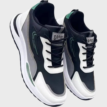 Black PU lightweight men's sneakers with breathable mesh design, size 44, ideal for running and walking.
