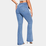 High-waisted flared bell bottom jeans in a vintage 70s style, showcasing a fitted waist and wide leg design that extends into a dramatic flare at the knee.