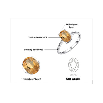 925 Sterling Silver Oval Citrine Ring with Yellow Gemstone - November Birthstone Jewelry