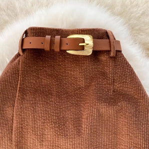 A-Line Corduroy Skirt with Buckle - Brown Vintage Winter Fashion