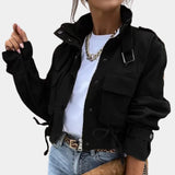 Black and white abstract print women's cropped jacket with drawstring waist in size XL, featuring a collar and long sleeves.