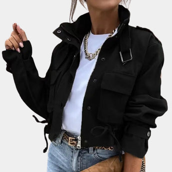 Black and white abstract print women's cropped jacket with drawstring waist in size XL, featuring a collar and long sleeves.