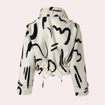Black and white abstract print women's cropped jacket with drawstring waist, featuring long sleeves and a unique pattern design.