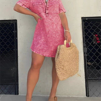 Acid wash denim mini dress in red pink, featuring a collared neckline and short sleeves, styled for a trendy look in size 3XL.