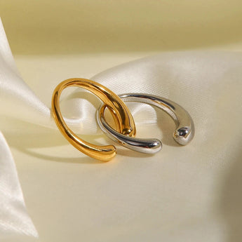 Adjustable minimalist two-tone silver and gold ring with a sleek modern design, suitable for engagement, wedding, or everyday wear.