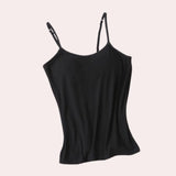 A black XL camisole featuring adjustable straps, seamless design, lightweight and breathable material, suitable as an undergarment or outerwear.